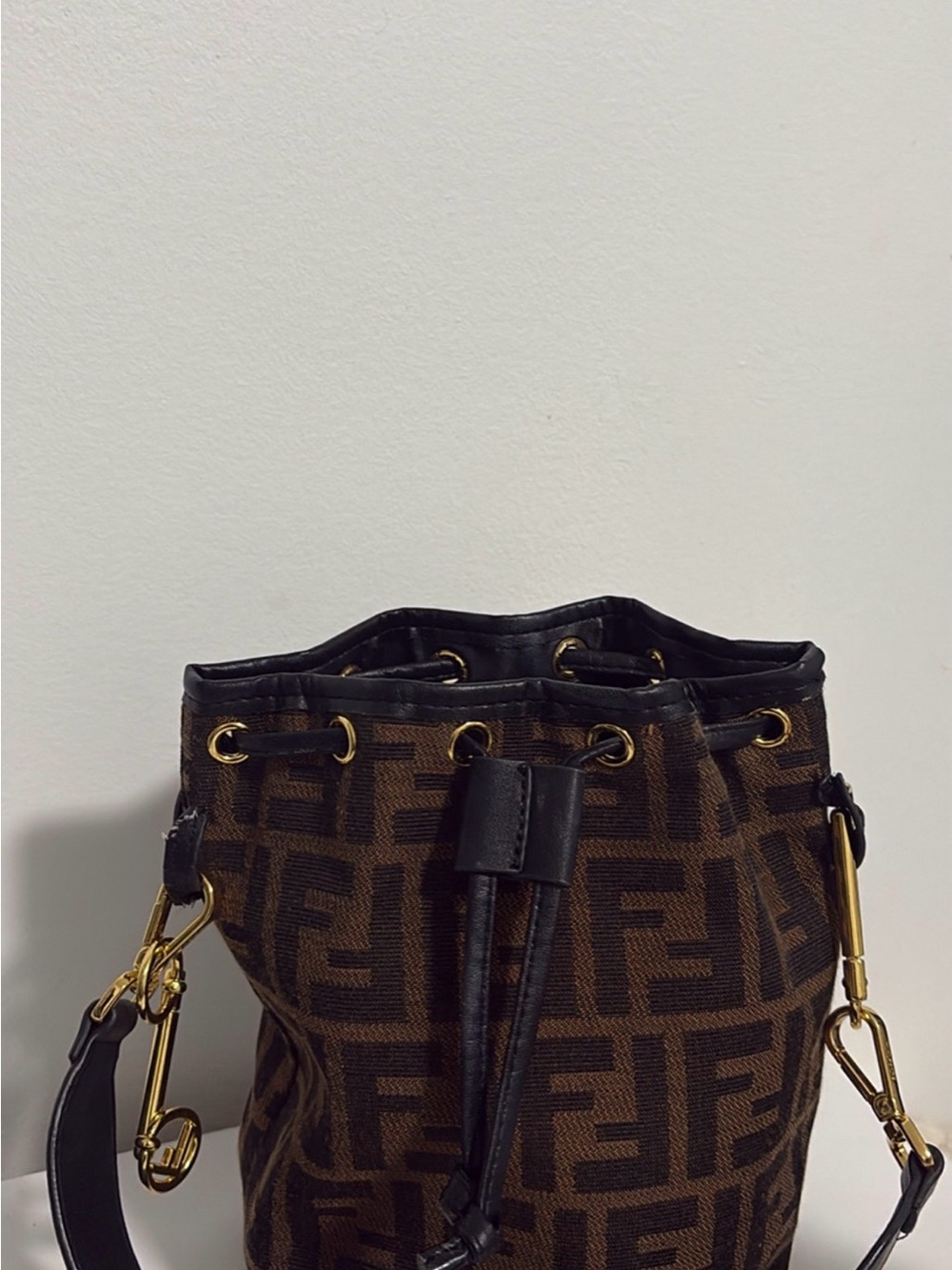 Fendi Brown and Black FF Monogram Drawstring Bucket Bag